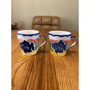 Blue signed Zrike NAZARE FISH Pattern Pair of Coffee Mugs- Hand Painted Vintage